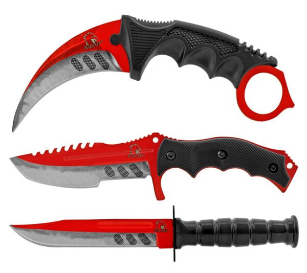MTech Red Fixed Blade Knife Set | Karambit, Huntsman & Combat - Image 3